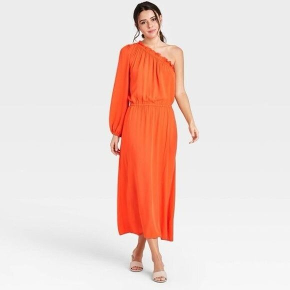 Who What Wear One Shoulder Casual Midi Dress in Orange Size XS - Picture 8 of 8